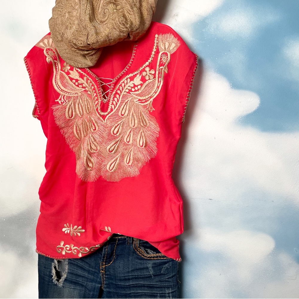 Peacock embroidered split back top